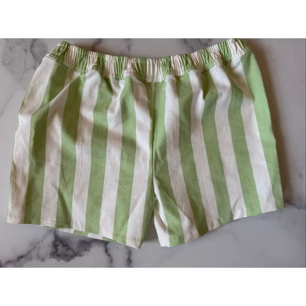 Organic cotton Monica & Andy kids boys size 10 green cream striped shorts pull o